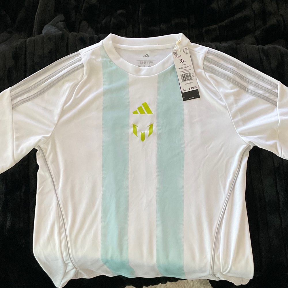 adidas White Top with Mint Stripes and Neon Yellow Logo